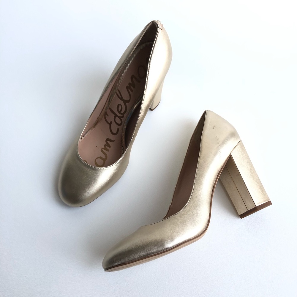 SAM EDELMAN Stillson Gold Block Heels Pumps